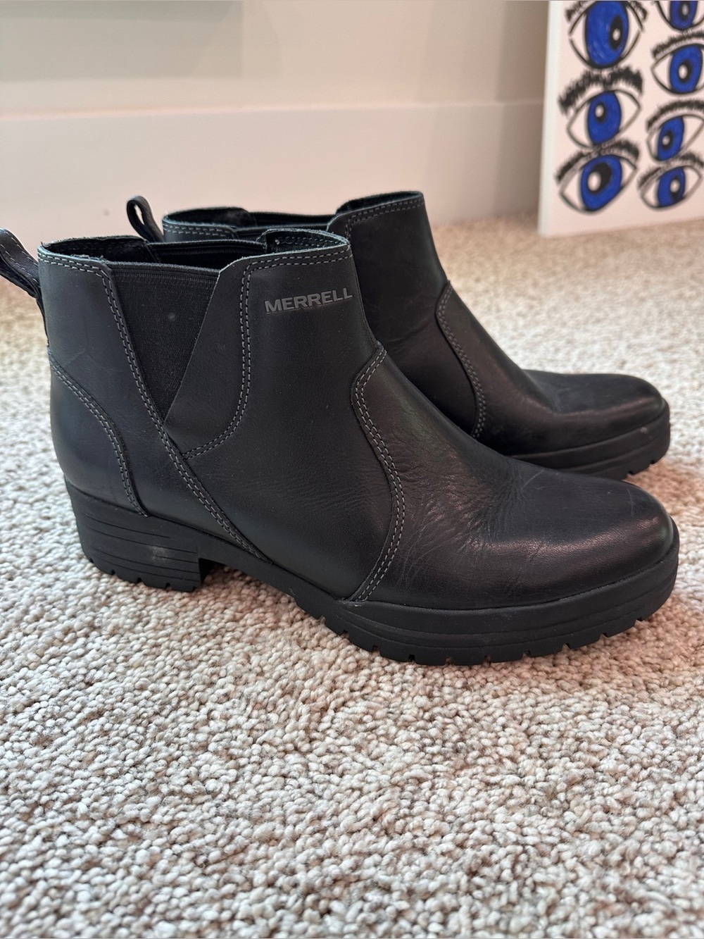 Merrill Black Leather Chelsea Style Boots in Size 8